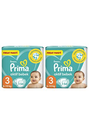 Prima Aktif Bebek Bezi 3 Beden 312'li 2 Aylık Fırsat Paketi 6-10 Kg