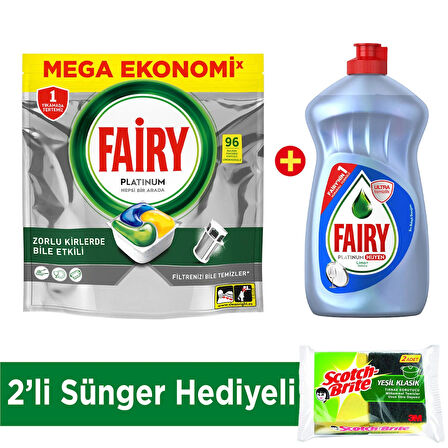 Fairy Platinum Plus Bulaşık Makinesi Kapsülü 96' lı +Sıvı Bulaşık Deterjanı 500 ml + 2' li Süngür