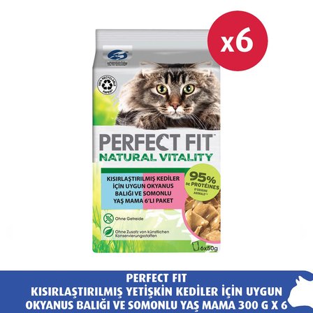 Perfect Fit Kısırlaştırılmış Yetişkin Kediler için Uygun Okyanus Balığı ve Somonlu Yaş Mama 300 G x 6