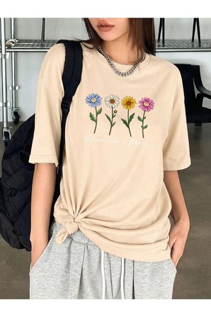 Unisex Flowers Baskılı Tasarım Tshirt
