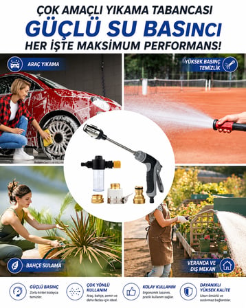 Yüksek Basınçlı Su Tabancası 3 Modlu Sprey Köpük Hazneli Araç & Bahçe Yıkama Seti