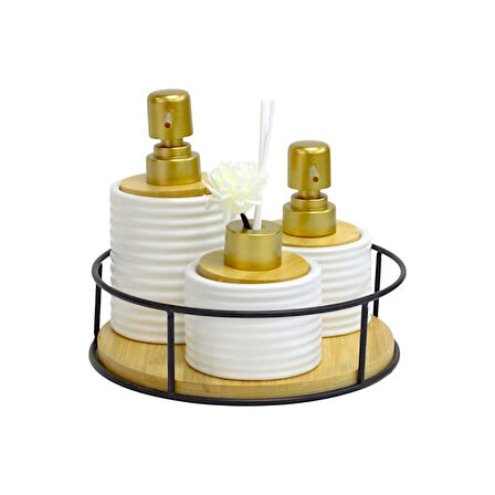 BUENOS YUVARLAK STANDLI PORSELEN BANYO SIVI SABUNLUK SETİ 4 PARÇA ZT-007 161065 3029