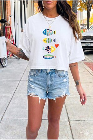Unisex Renkli Balıklar Baskılı Bej Tişört Baskılı Tasarım Tshirt