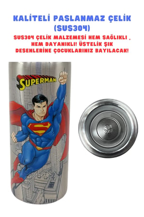 600ml Superman Lisanslı Pipetli Kilitlenebilir Kapak Paslanmaz Çelik Termos Matara