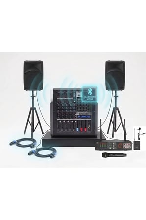 Okul Tören Ses Sistemi - Profesyonel Set - Güçlü Hoparlörler - Telsiz Mikrofonlu - Bluetooth Mikserli - Kolay Kurulum