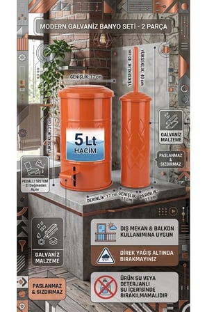 The Mia Terracota Galvaniz Banyo Seti 2'li 5 Litre Pedallı Çöp Kovası ve Tuvalet Fırçası Takımı