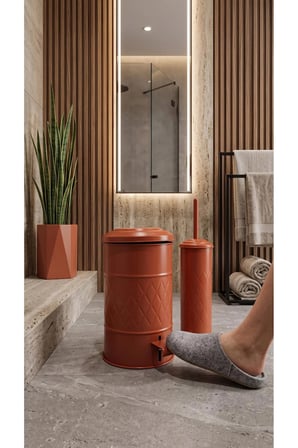 The Mia Terracota Galvaniz Banyo Seti 2'li 5 Litre Pedallı Çöp Kovası ve Tuvalet Fırçası Takımı