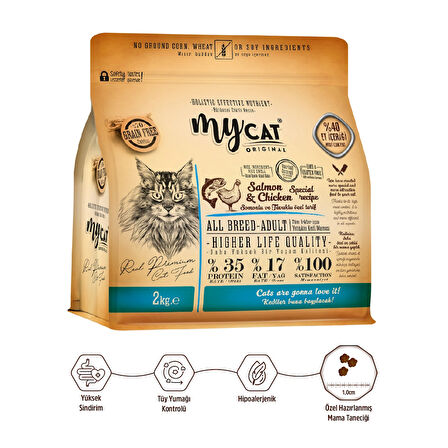 MyCat Original Az Tahıllı Somon Balıklı ve Tavuk Etli Yetişkin Kedi Maması 2kg