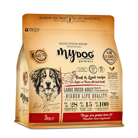 Mydog Az Tahıllı Sığır ve Kuzu Etli Büyük Irk Yetişkin Köpek Maması 3kg