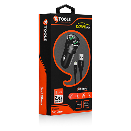 KTOOLS DRIVE INN 2.4A 2USB SIYAH LIGHTNING ARAC SA