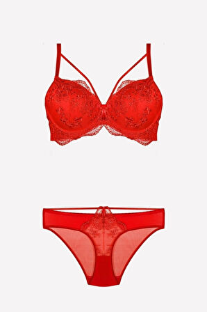 Kadın Kırmızı Balenli Destekli Sütyen Takım