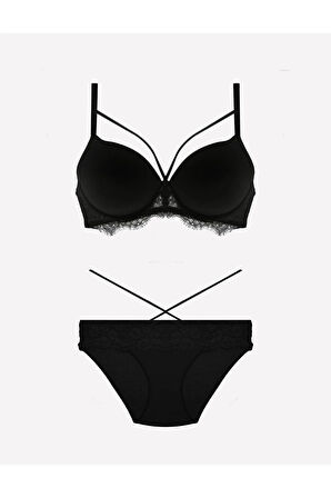 Kadın Siyah Balenli Desteksiz Sütyen Takım