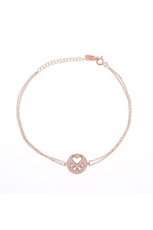 Kadın 925 Ayar Kalpli Pati Taşlı Gümüş Bileklik Rose Gold