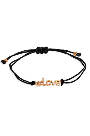 Kadın #Love Yazılı Siyah İpli Gümüş Bileklik Rose Gold