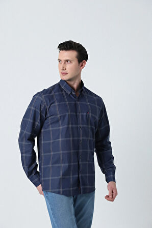 BROTHERS ERKEK COMFORT FIT UZUN KOL TEK CEPLİ YIKAMALI EKOSE DESENLİ GÖMLEK LACİVERT-BEYAZ