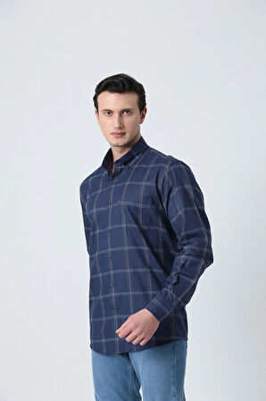 BROTHERS ERKEK COMFORT FIT UZUN KOL TEK CEPLİ YIKAMALI EKOSE DESENLİ GÖMLEK LACİVERT-BEYAZ