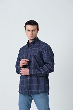 BROTHERS ERKEK COMFORT FIT UZUN KOL TEK CEPLİ YIKAMALI EKOSE DESENLİ GÖMLEK LACİVERT-BEYAZ