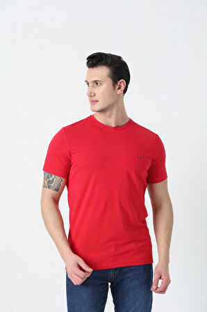 BROTHERS ERKEK BİSİKLET YAKA  LOGO NAKIŞLI BASIC LİKRA SÜPREM T-SHIRT KIRMIZI