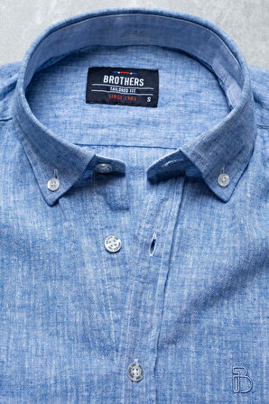 Brothers Erkek Tailored Fit Uzun Kol Logo Nakışlı Yıkamalı Pamuk Keten Gömlek Lindy Ls B01.251.709 - Koyu Mavi