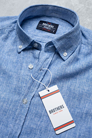 Brothers Erkek Tailored Fit Uzun Kol Logo Nakışlı Yıkamalı Pamuk Keten Gömlek Lindy Ls B01.251.709 - Koyu Mavi