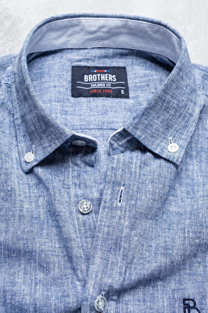 Brothers Erkek Tailored Fit Uzun Kol Logo Nakışlı Yıkamalı Pamuk Keten Gömlek Lindy Ls B01.251.709 - Açık Lacivert