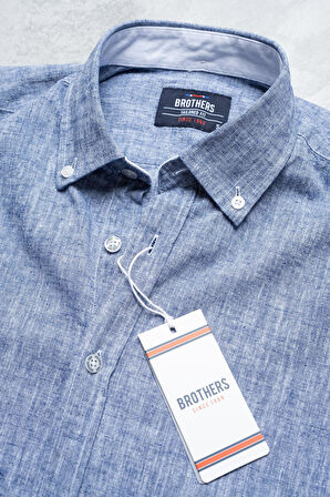 Brothers Erkek Tailored Fit Uzun Kol Logo Nakışlı Yıkamalı Pamuk Keten Gömlek Lindy Ls B01.251.709 - Açık Lacivert