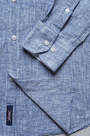 Brothers Erkek Tailored Fit Uzun Kol Logo Nakışlı Yıkamalı Pamuk Keten Gömlek Lindy Ls B01.251.709 - Açık Lacivert