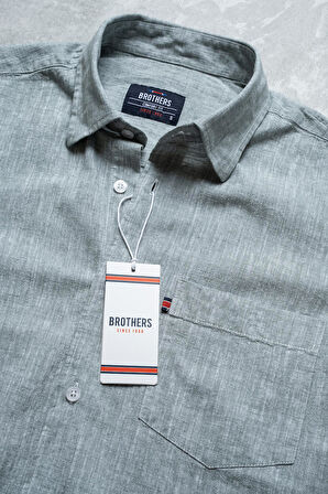 Brothers Erkek Comfort Fit Kısa Kol Tek Cepli Yıkamalı Pamuk Keten Gömlek Lunas Ss B01.251.609 - Haki