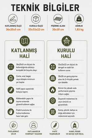 Katlanabilir Paslanmaz Çelik Kamp Mangalı 30x30 cm – Taşınabilir Piknik ve Bahçe Izgarası, Kompakt Portatif Kömürlü Mangal