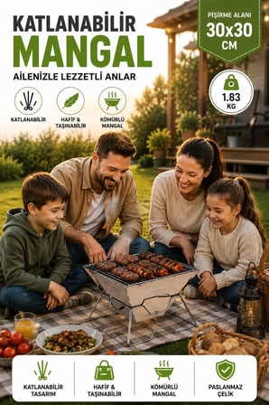 Katlanabilir Paslanmaz Çelik Kamp Mangalı 30x30 cm – Taşınabilir Piknik ve Bahçe Izgarası, Kompakt Portatif Kömürlü Mangal