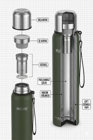 Orcamp Termos Çift Katmanlı Paslanmaz Çelik Vakumlu 1000 Ml - Outdoor Kamp Seyahat Sıcak Soğuk Tutucu