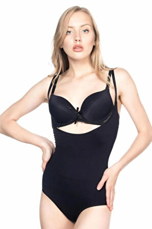 Kadın Siyah  Dikişsiz Göğsü Açık Slip Korse L2023
