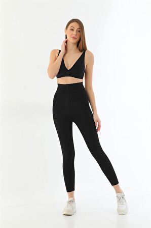 SİYAH MI 2711 Lazer Kesim Fermuarlı Uzun Tayt