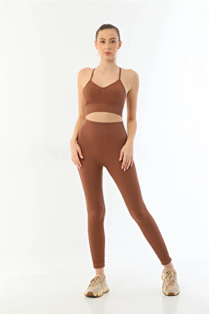 KAHVE MI Emay 3921 Soft Seamless Ripli Tayt Yoga Takımı