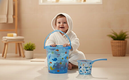 Babyjem 923 Şeffaf Kova & Maşrapa Set Mavi Desenli