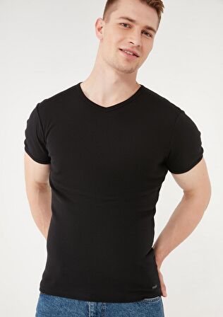 Mavi V Yaka Siyah Basic Tişört 063748-900