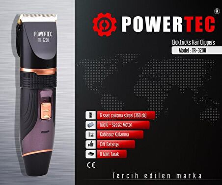 Powertec TR-3200 8 Başlıklı Kablosuz Kuru Saç-Sakal-Ense Çok Amaçlı Tıraş Makinesi 