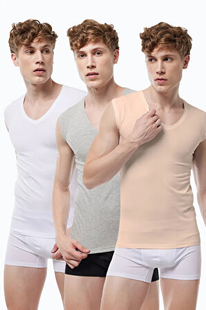 Erkek Siyah Beyaz Gri 3 lü Paket V Yaka İz Yapmayan Modal Kolsuz Atlet 064