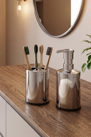 Porsima Metal Krom Kaplama 4 Parça Banyo Seti Çöp Kovası Sıvı Sabunluk Diş Fırçalığı WC Fırçası