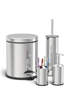 Porsima Metal Krom Kaplama 4 Parça Banyo Seti Çöp Kovası Sıvı Sabunluk Diş Fırçalığı WC Fırçası