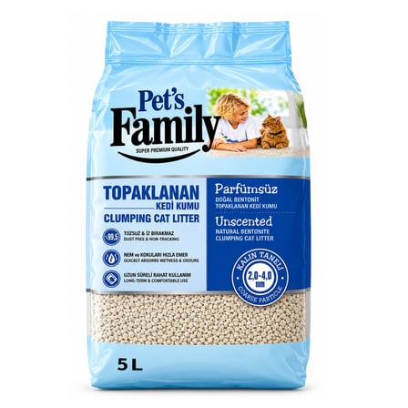 Pets Family Topaklanan Kedi Kumu Parfümsüz Kalın 5 L X 4 Ad (20 Kg)