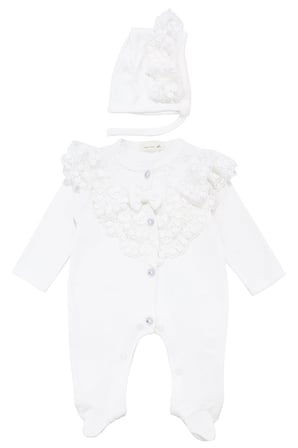 Kız Bebek Ekru Tüllü Dantelli Bereli Patikli Tulum