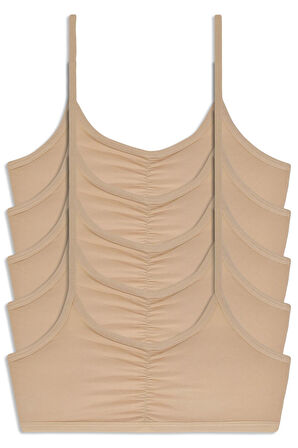 Kız Çocuk Ip Askılı Ara Büzgülü Petli 5li Bustiyer Koyu Ten Renkli