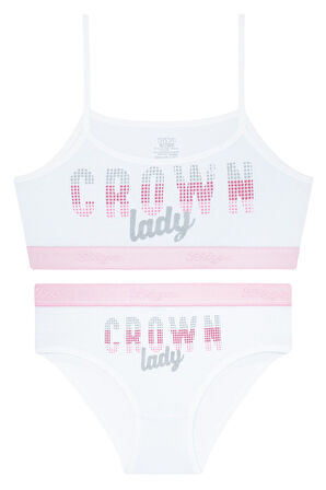 Kız Çocuk Beyaz Baskılı İp Askılı Sporcu Bustiyer Takım