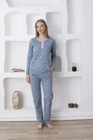 Çiçek Desenli Kadın Pijama Takımı,Uzun Kollu Likralı Penye 002808/444-01