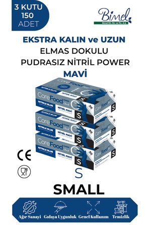 Nitril Mavi Power Pudrasız Muayene Eldiveni S- 3 Paket 50 li Tek Ebat
