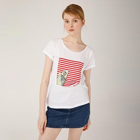 Biggdesign Pistachio Çizgili Kadın T-Shirt Beyaz-S