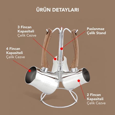 Serenk Definition Standlı Paslanmaz Çelik 4'lü Cezve Seti
