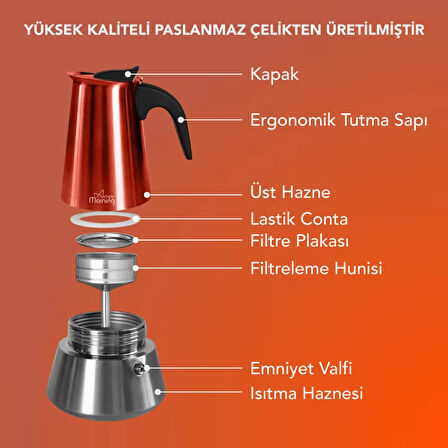 Any Morning FE001-6 Espresso Kahve Makinesi Paslanmaz Çelik İndüksiyonlu Moka Pot 300 Ml Bakır