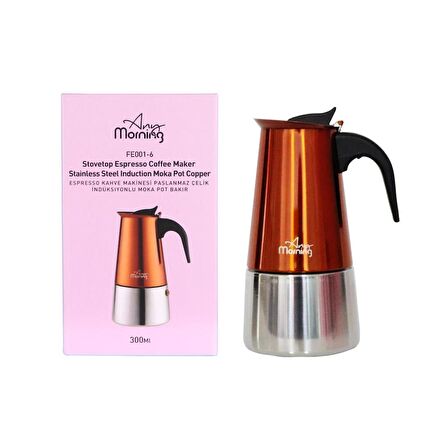 Any Morning FE001-6 Espresso Kahve Makinesi Paslanmaz Çelik İndüksiyonlu Moka Pot 300 Ml Bakır